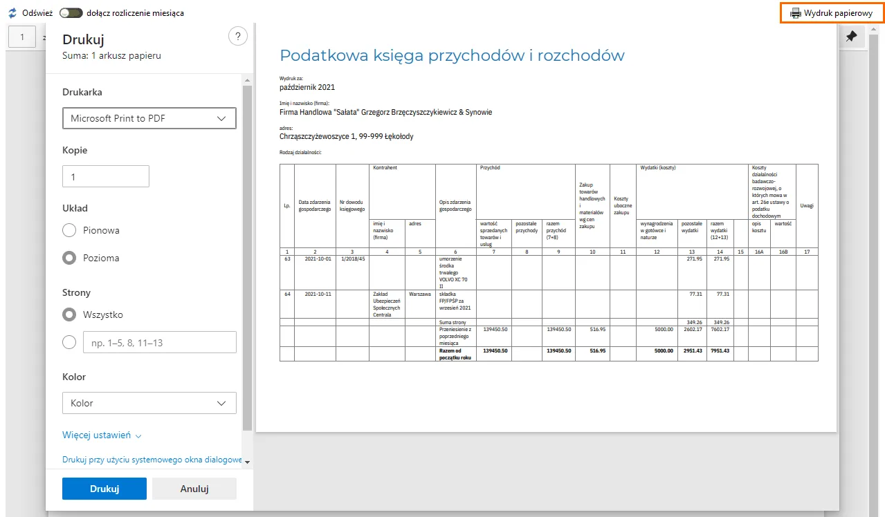 Wydruk księgi Jak wydrukować podatkową książkę przychodów i rozchodów